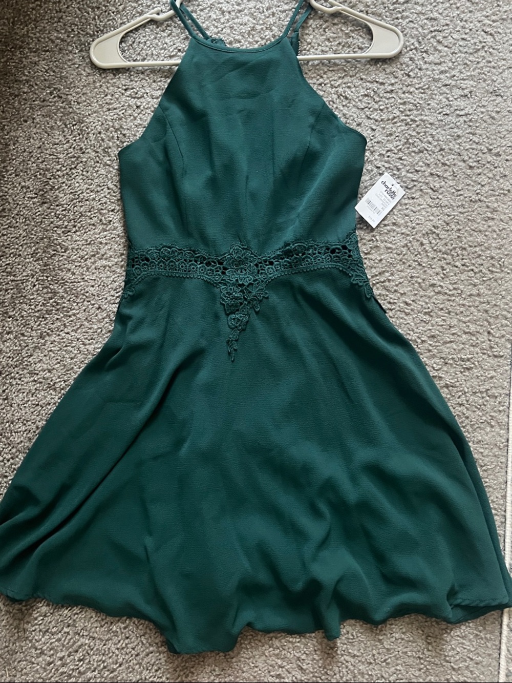 Charlotte Russe Dark Teal Halter Skater Dress with Crochet Waist